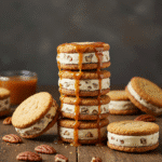 Butter Pecan Ice Cream Sandwiches: Easy No-Bake Family Dessert 6 Stack of butter pecan ice cream sandwiches with caramel drizzle