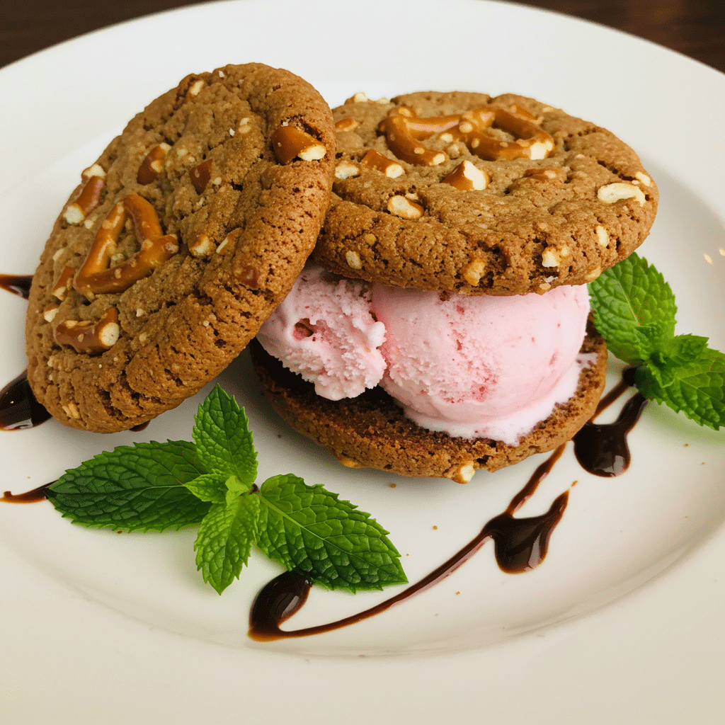 Strawberry Pretzel Cookie Ice Cream Sandwiches: A Sweet & Salty Summer Delight 9 Served Strawberry Pretzel Cookie Ice Cream Sandwiches on plate