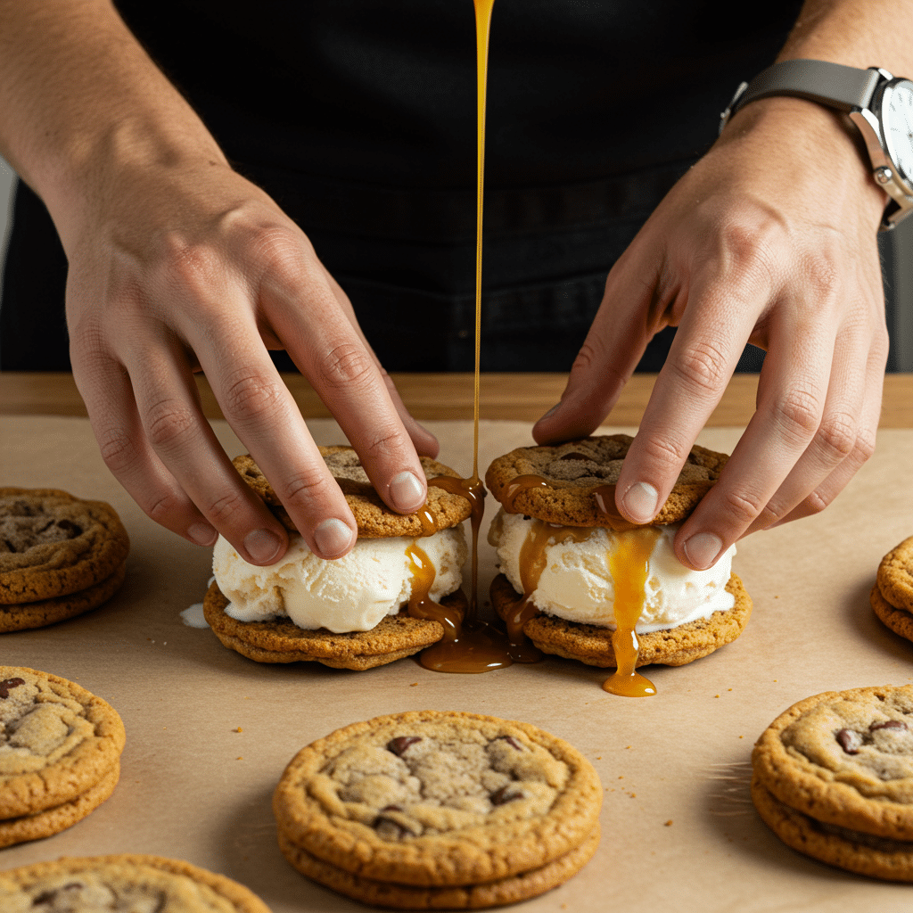 Caramel Chocolate Chip Cookie Ice Cream Sandwiches :Ultimate Summer Bliss 8 Assembling caramel chocolate chip ice cream sandwiches