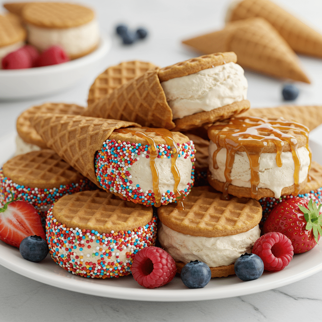 Waffle Ice Cream Sandwich: A Delightful Dessert Fusion 9 Assorted waffle ice cream sandwiches served with berries
