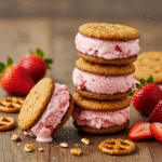 Strawberry Pretzel Cookie Ice Cream Sandwiches: A Sweet & Salty Summer Delight 7 Strawberry Pretzel Cookie Ice Cream Sandwiches stacked on a rustic wooden table